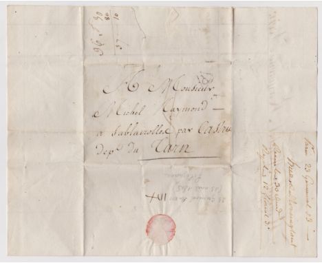 France 1805 Postal History EL and invoice dated 13 April 1805 posted within Castrier. Manuscript 8, Black triangle P cancel