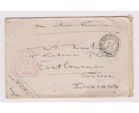 Great Britain 1919 envelope annotated On Active Service posted to Eastbourne, cancelled Army Post Office 24.7.19 with Militar