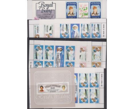 Grenadines of St Vincent 1981-1982 Royal Wedding and opts SG 195-200 u/m set in 3x seven stamp souvenir sheetlets SG MS201 u/
