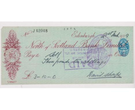cheque North of Scotland Ltd, Edinburgh, used bearer BO 20.10.28, red-brown on blue, printer Cornwallk &amp; Sons