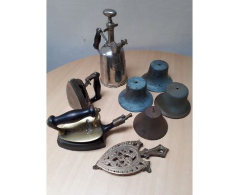  Sale Item:    BOX IRONS SPRAYER & PART BELLS (AF)  Vat Status:   No Vat   Buyers Premium:  This lot is subject to a Buyers P