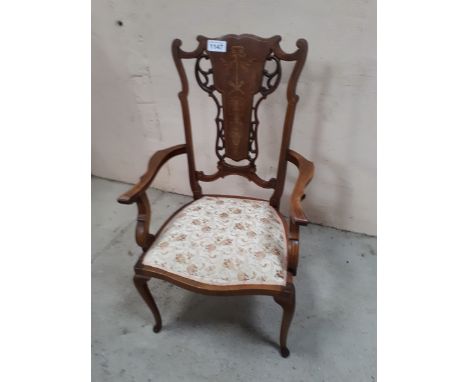  Sale Item:    MAHOGANY INLAID OPEN ARM CHAIR (AF)  Vat Status:   No Vat   Buyers Premium:  This lot is subject to a Buyers P