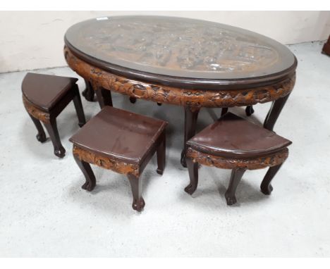  Sale Item:    MAHOGANY ORIENTAL CARVED COFFEE TABLE C/W 6 TABLE INSERTS (AF)  Vat Status:   No Vat   Buyers Premium:  This l