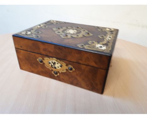  Sale Item:    BURR & WALNUT WORK BOX WITH BRASS & BONE DECORATION (AF)  Vat Status:   No Vat   Buyers Premium:  This lot is 