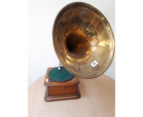  Sale Item:    OAK GRAMAPHONE WITH BRASS HORN (AF)  Vat Status:   No Vat   Buyers Premium:  This lot is subject to a Buyers P