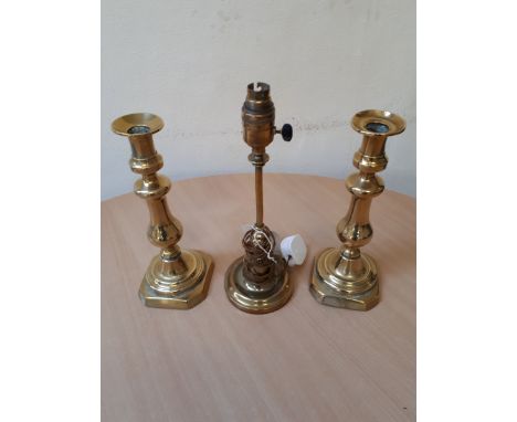  Sale Item:    PAIR BRASS CANDLESTICKS & LAMP   Vat Status:   No Vat   Buyers Premium:  This lot is subject to a Buyers Premi