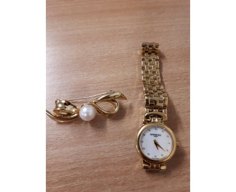  Sale Item:    RAYMOND WEIL LADIES WATCH & PEARL BROOCH  Vat Status:   No Vat   Buyers Premium:  This lot is subject to a Buy