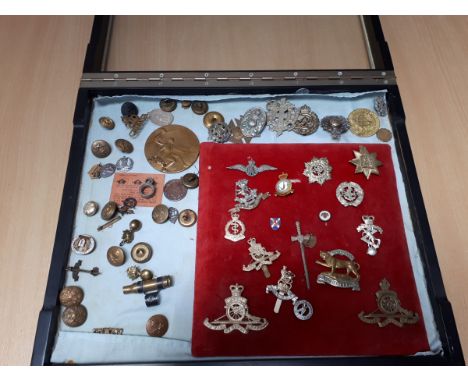  Sale Item:    GLASS CASE WITH MEDALS & BADGES   Vat Status:   No Vat   Buyers Premium:  This lot is subject to a Buyers Prem