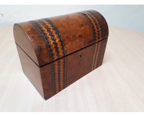  Sale Item:    BURR WALNUT INLAID TEA CADDY(AF)   Vat Status:   No Vat   Buyers Premium:  This lot is subject to a Buyers Pre