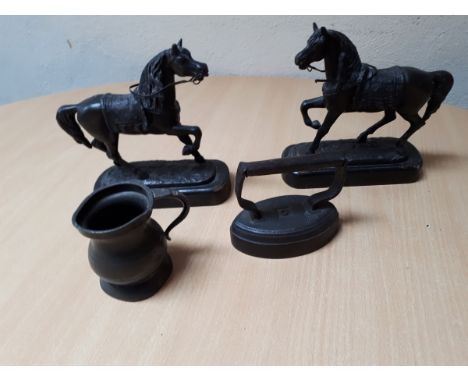  Sale Item:    PAIR METAL HORSES PEWTER MEASURE & IRON  Vat Status:   No Vat   Buyers Premium:  This lot is subject to a Buye