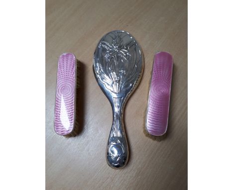  Sale Item:    PAIR SILVER & ENAMEL BRUSHES & SILVER MIRROR (AF)  Vat Status:   No Vat   Buyers Premium:  This lot is subject