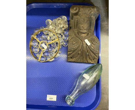 Carved wooden figurehead, small crystal chandelier (a/f) and a Schweppes glass hamilton torpedo bottle (3)
