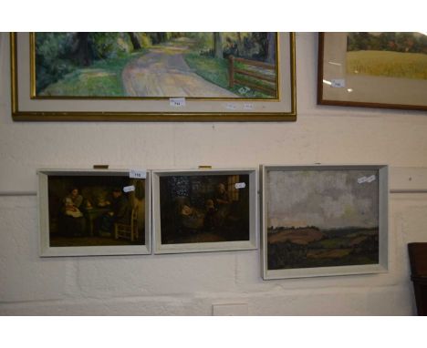 Mixed Lot: 20th Century school study of rolling fields, oil on canvas together with a further pair small oleograph studies, i