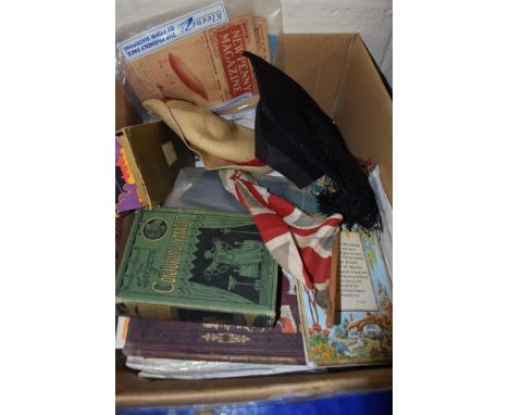 One box of various assorted vintage magazines, ephemera, University mortar board hat and other assorted items