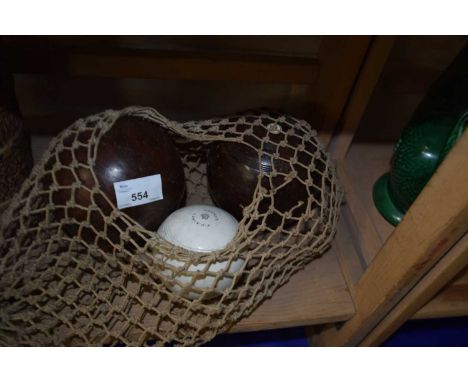 Mixed Lot: Vintage lawn bowls and ceramic marker ball marked F H Ayres, London