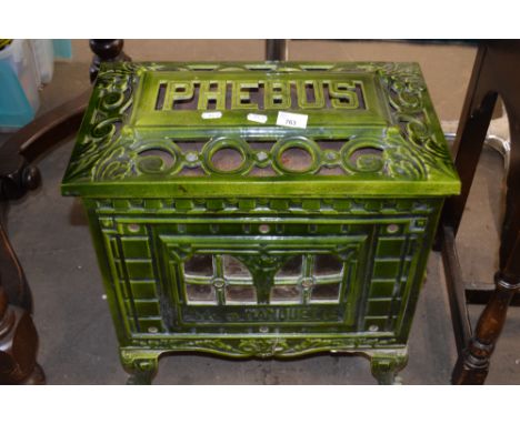 Small green enamel finish stove, the top marked Phebus, 50cm long