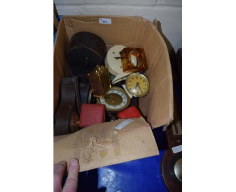 Box of various assorted small mantel clocks, bedside clocks, clock parts etc