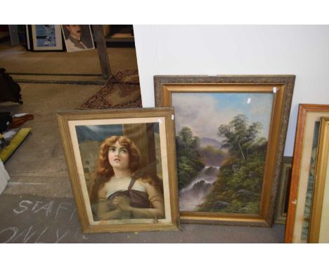 Waterfall study together with a Pears Soap style portrait of a lady, both framed