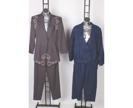 A 1986 navy blue linen loose fit trouser suit by Gay Ironmonger, UK size 10/12 approx.; together with a 1980s Modern Express 