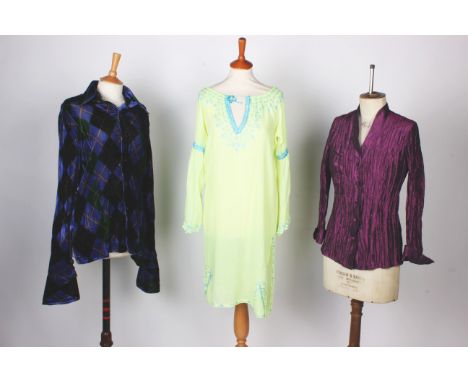 A 1990s neon green and blue trimmed kaftan dress, UK size 8/12 approx.; with a metallic crinkly purple blouse, UK size 10 app