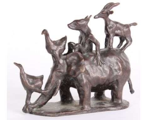 Sadie Brockbank (Contemporary), bronze elephant with animals, marked to base dated 1988 and numbered 1/10, 18.5cm high approx