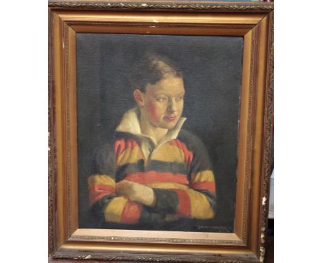 J.F. Richardson (early 20th Century)Portrait of a boy in a rugby shirtOil on canvasSigned lower right53.5cm x 43.5cm (loose i