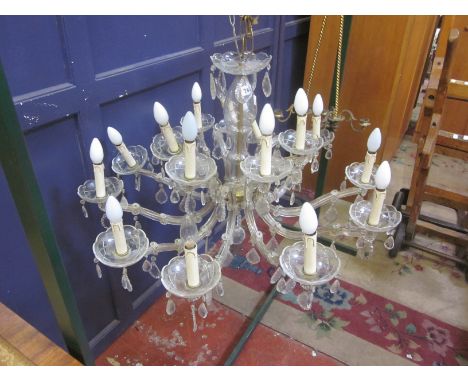 A 20th Century glass two tier fifteen branch chandelier with drop pendants 88cm diameter 