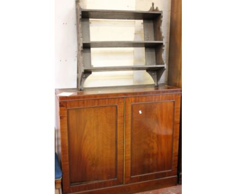 A carved hanging shelf, childs chair, and a coal scuttle & mahogany bookcase base