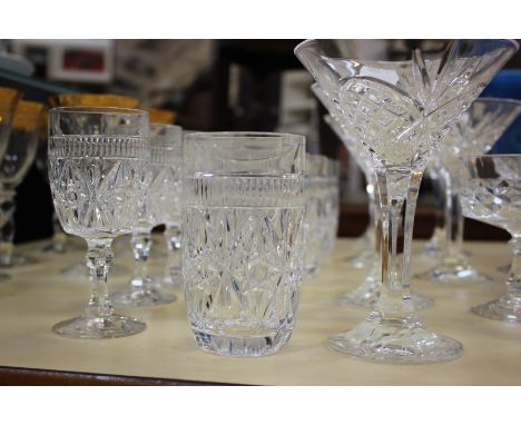 Six Rockingham wine glasses with gold leaf to the rims, and some Polish made cut glass, 6 wine, 6 water, 6 broad flutes, 6 de