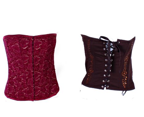 A corset made by Rise from 1999, made from brown cotton with bronze coloured sequins, hook and eye fastening with satin ribbo