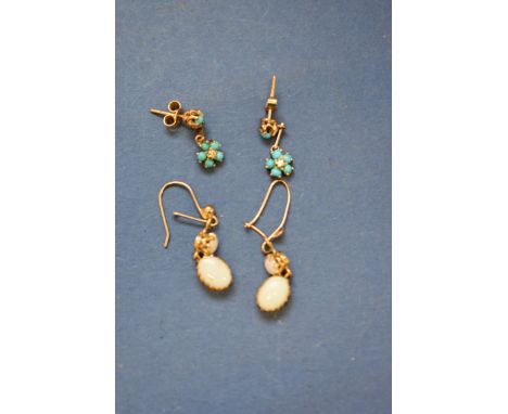 A pair of unmarked opal pendant earrings; together with a pair of turquoise earrings.