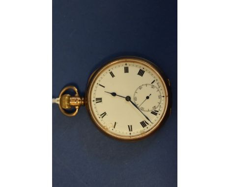 A 9ct gold open faced pocket watch, having enamel subsidiary second dial and Roman numerals. Condition Report: Enamel dial da