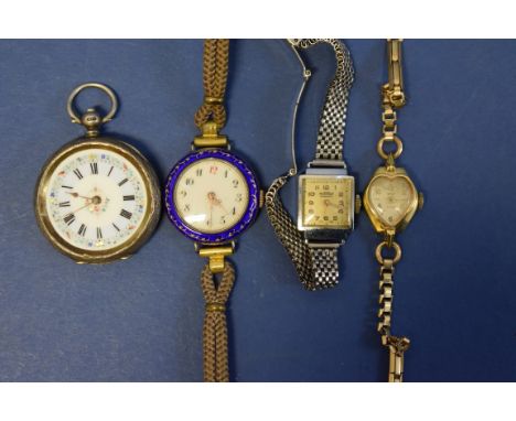 A Continental silver fob watch having floral enamel dial; together with three ladies vintage wristwatches. Condition Report: 