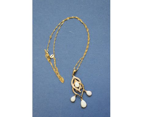 A 9ct gold opal and diamond chip set pendant, on a 9ct gold fine chain, 4.3g total weight.