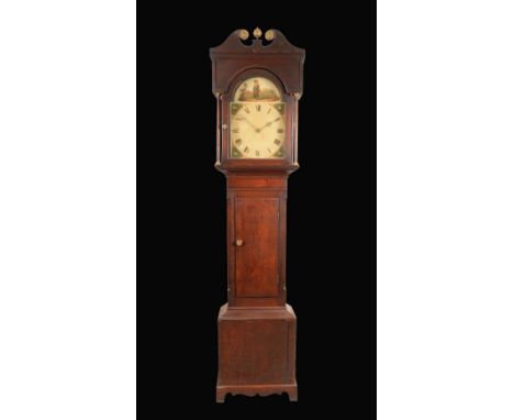 A George III oak and mahogany longcase clock, 33cm arched painted dial with Roman numerals, the arch painted with an allegory