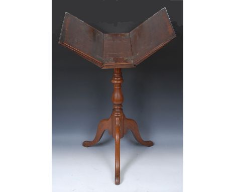 A Victorian walnut tripod library volume or folio stand, the rectangular folding plateau with iron strap hinges, turned colum