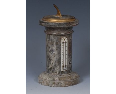 A 19th century gilt brass mounted serpentine desk top sundial, compass and thermometer, as a column, 17.5cm high, c.1880