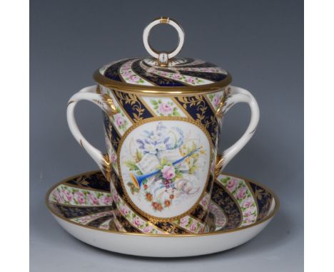 A Lynton porcelain two-handled tapering cylindrical chocolate cup, cover and stand, painted by Stefan Nowaki, signed, with mu