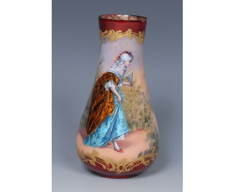 A late 19th century French Rococo Revival enamel baluster vase, by Sylvy, signed, well painted throughout with a lady of fash