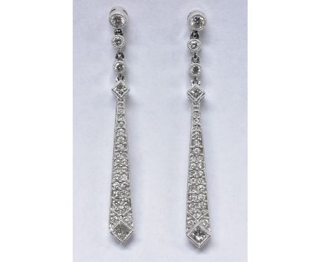 A pair of diamond Art Deco style drop earrings,each tapering link quadrilateral kite drop inset with twenty six round cut and