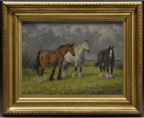 English School (early 20th century)Equine Portrait, Three Horses in an Open Fieldoil on board, 32cm x 43cm 