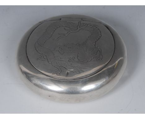 A Chinese silver circular snuff box, flush-hinged cover engraved with a dragon, 7.5cm diam, character mark, maker NM, c.1900