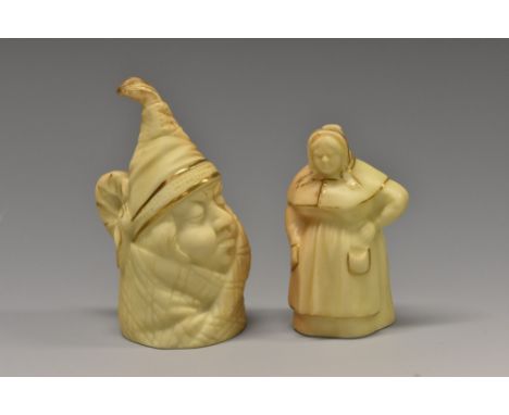 A Royal Worcester candle snuffer, French Cook, in blush ivory wearing a bonnet and apron, 6.5cm high, printed crown and circl