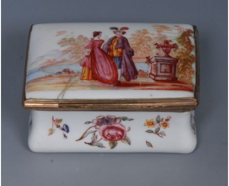 An 18th century Birmingham enamel rectangular box, the cover enamelled with Watteauesque scene,   the sides with flower sprig