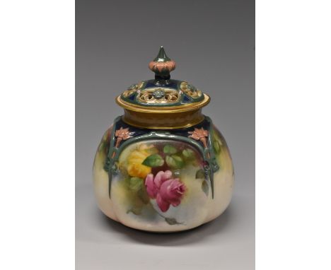 A Royal Worcester lobed ovoid pot pourri vase, printed and painted with red and yellow roses, the shoulders in relief with st