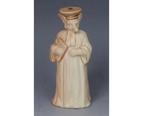 A Royal Worcester candle snuffer, Monsieur Reynard,  the fox in lawyer's robes, blush ivory, picked out in gilt, 10cm high, p