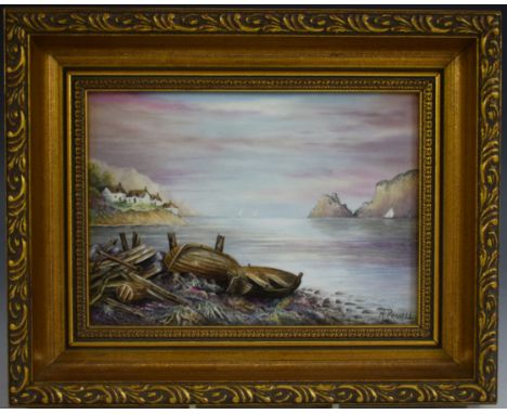 A Royal Worcester rectangular plaque, painted by M Powell, signed, with with a coastal scene with two abandoned boats, cottag