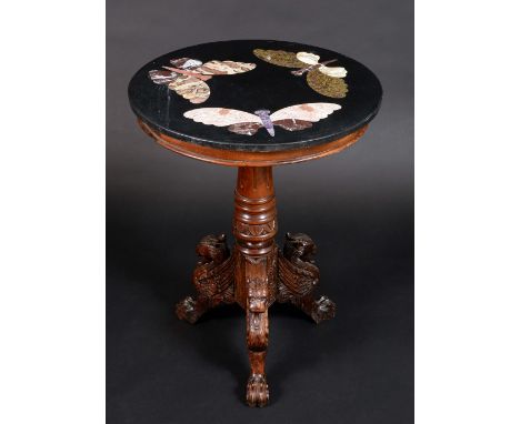 A pietra dura and mahogany centre table, circular top inlaid in specimen stones with butterflies, turned and fluted pillar, t