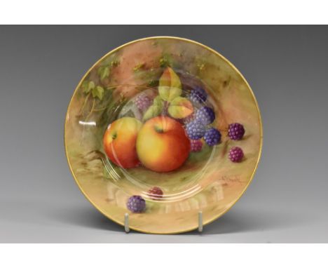 A Royal Worcester shaped circular side plate, painted by Albert Shuck,  signed, with apples and blackberries on a mossy groun