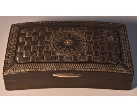 An early 19th century bois durci and tortoiseshell bowed rectangular snuff box, pressed in low relief and centred by a garter